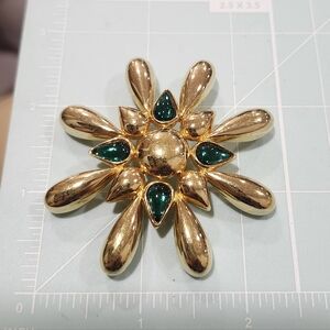 Gold Tone Swarovski Brooch With Green Crystals